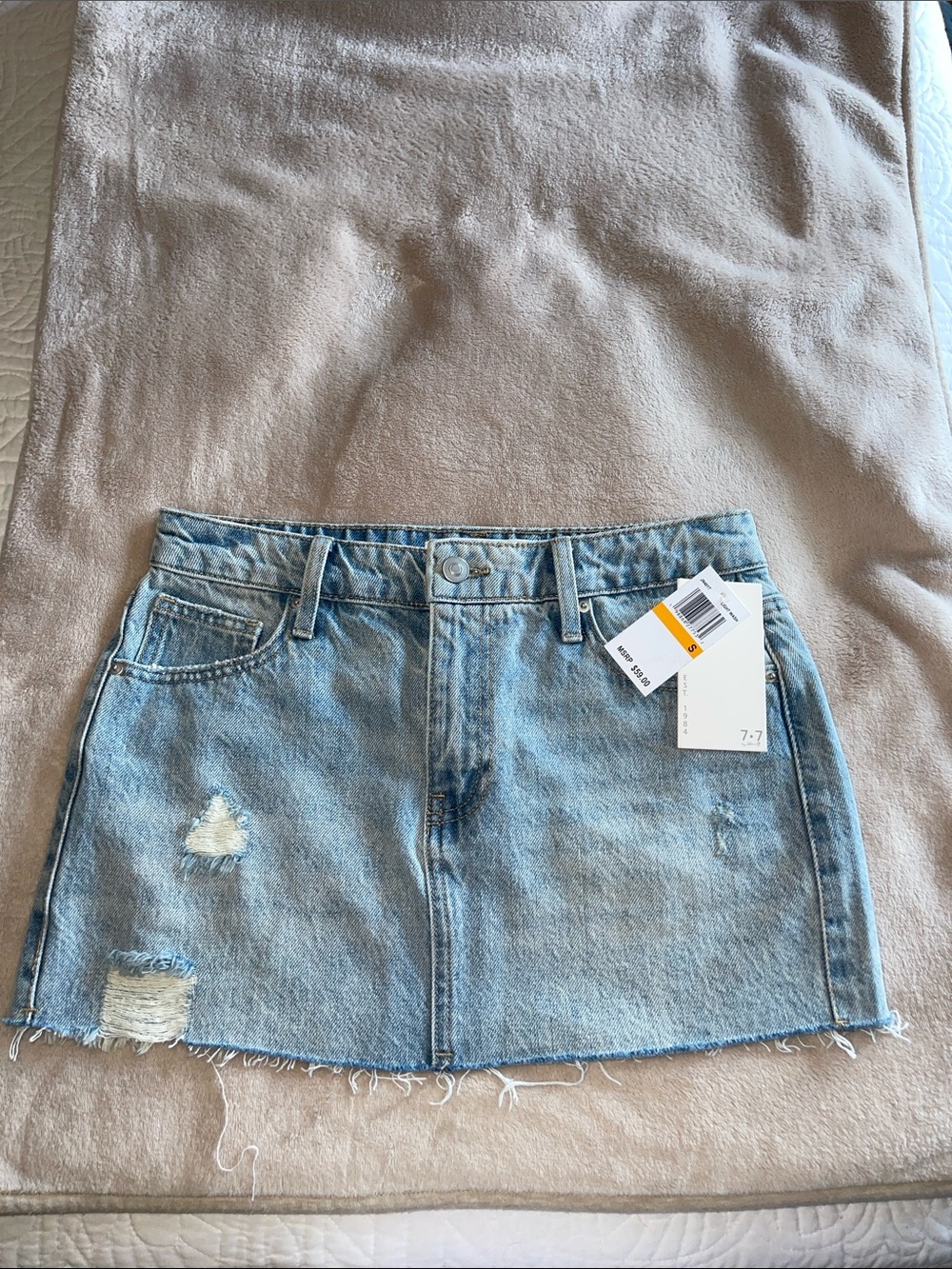 Denim Distressed Mini Skirt - Light Blue